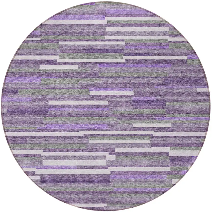 8' Purple And Gray Round Striped Washable Indoor Outdoor Area Rug Photo 5