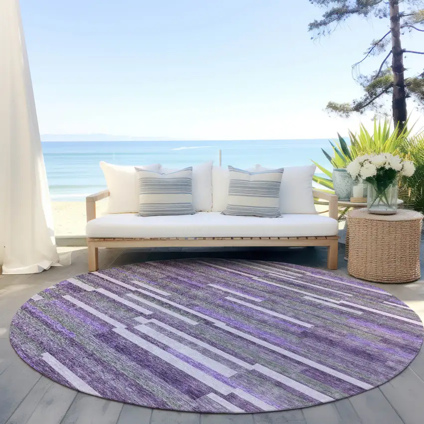 8' Purple And Gray Round Striped Washable Indoor Outdoor Area Rug Photo 6