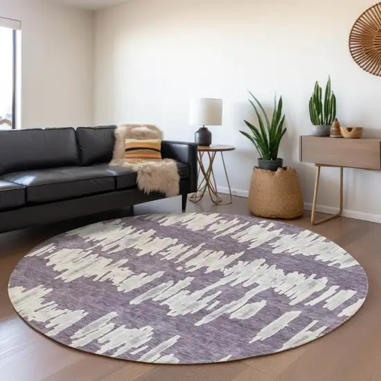 8' Purple And Gray Round Striped Washable Indoor Outdoor Area Rug Photo 4