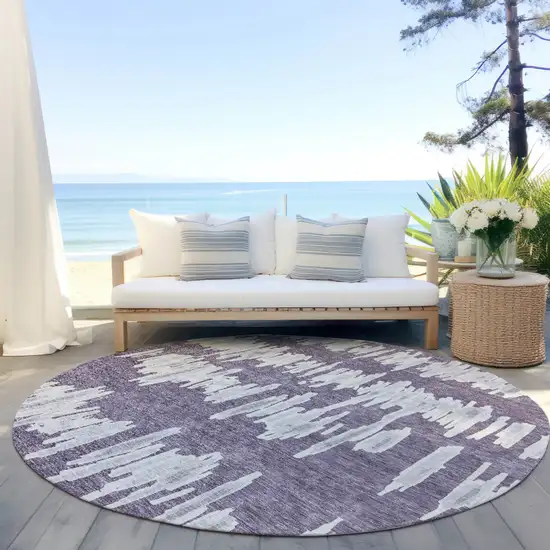 8' Purple And Gray Round Striped Washable Indoor Outdoor Area Rug Photo 7