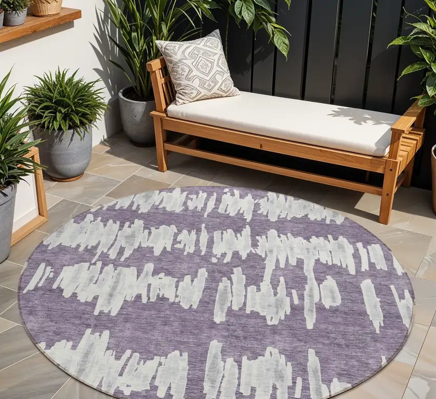 8' Purple And Gray Round Striped Washable Indoor Outdoor Area Rug Photo 1
