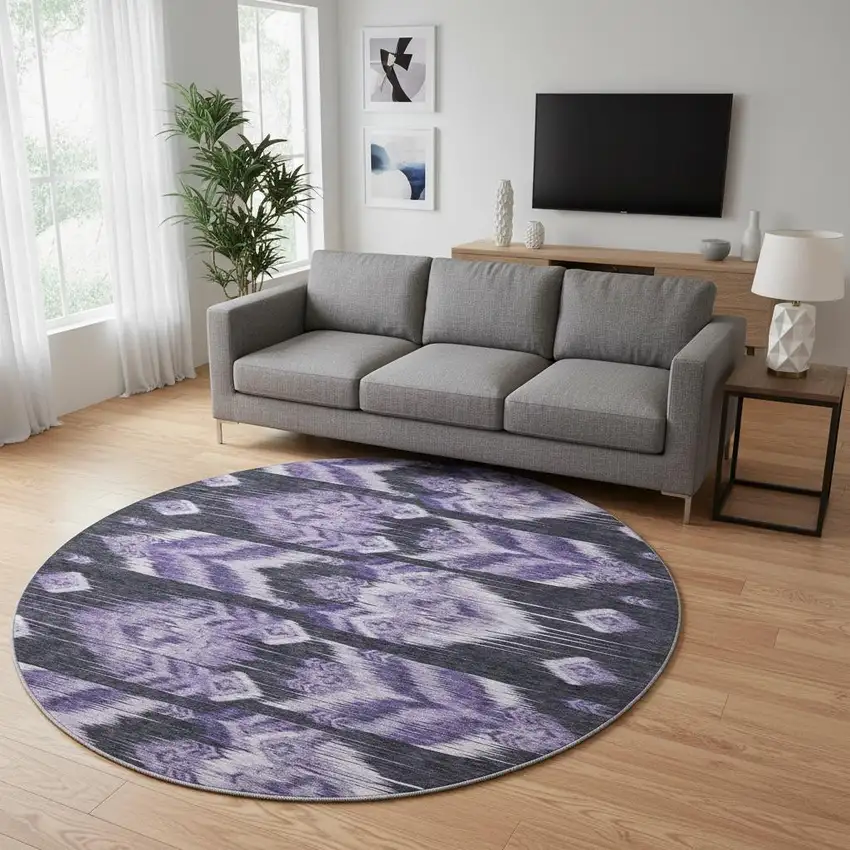 8' Purple And Gray Southwestern Washable Round Rug With UV Protection Photo 2