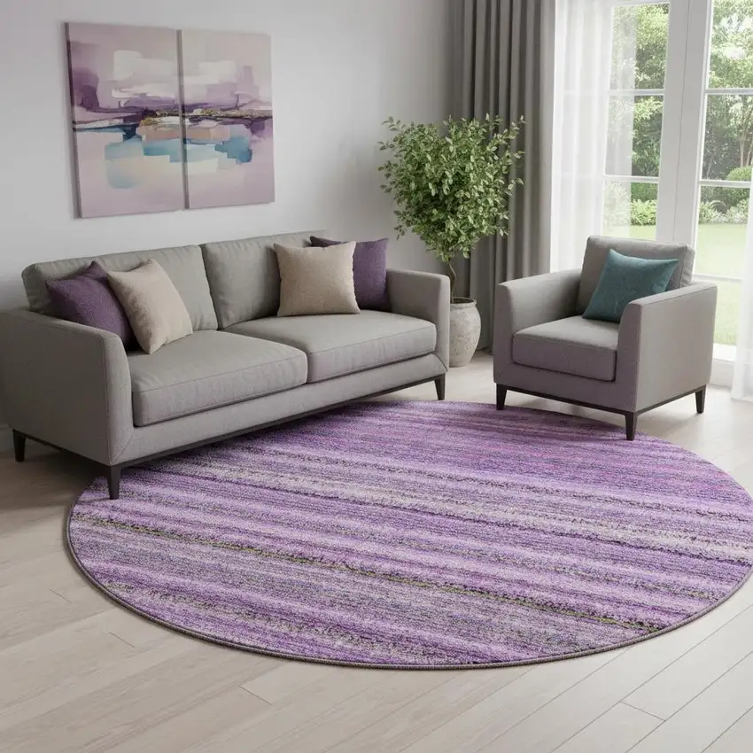 8' Purple And Gray Striped Washable Round Rug With UV Protection Photo 1