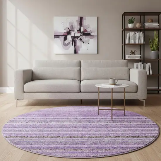 8' Purple And Gray Striped Washable Round Rug With UV Protection Photo 2