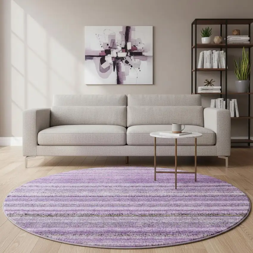 8' Purple And Gray Striped Washable Round Rug With UV Protection Photo 2