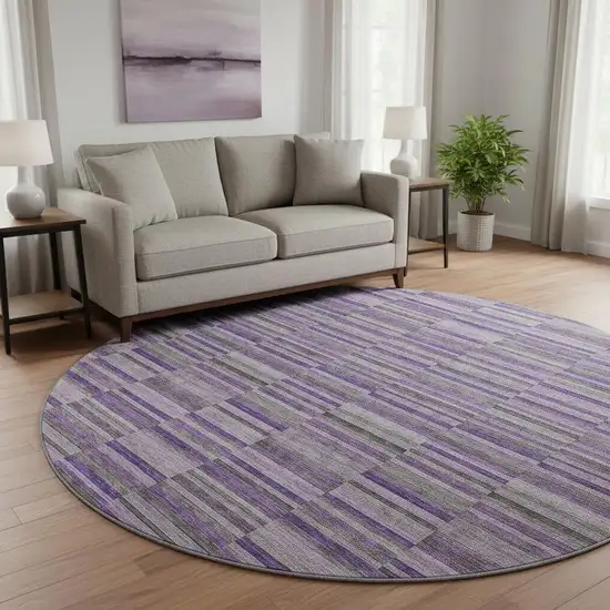 8' Purple And Gray Striped Washable Round Rug With UV Protection Photo 2