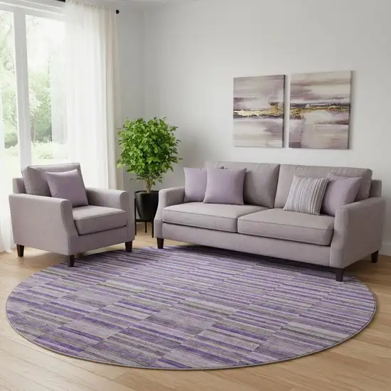 8' Purple And Gray Striped Washable Round Rug With UV Protection Photo 1