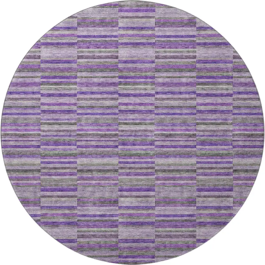 8' Purple And Gray Striped Washable Round Rug With UV Protection Photo 3