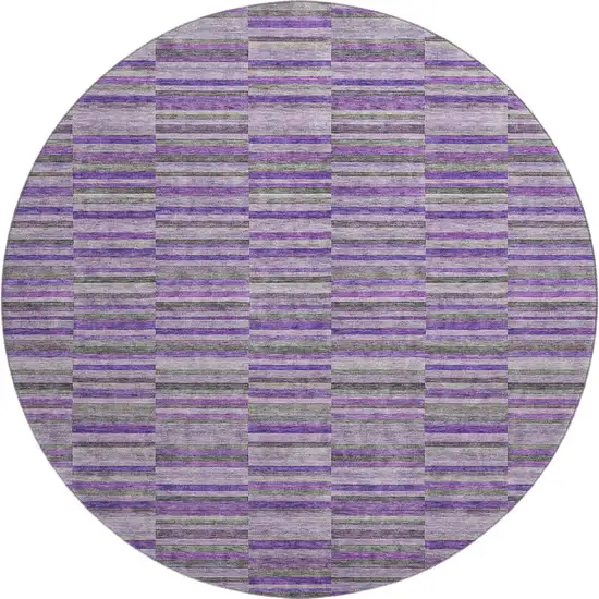 8' Purple And Gray Striped Washable Round Rug With UV Protection Photo 1
