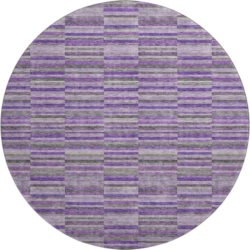 8' Purple And Gray Striped Washable Round Rug With UV Protection Photo 1
