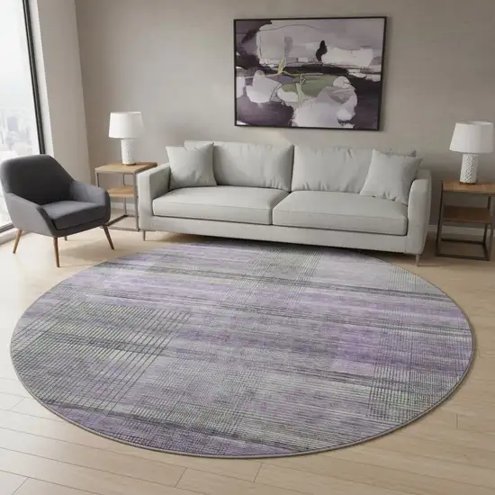 8' Purple And Gray Striped Washable Round Rug With UV Protection Photo 2