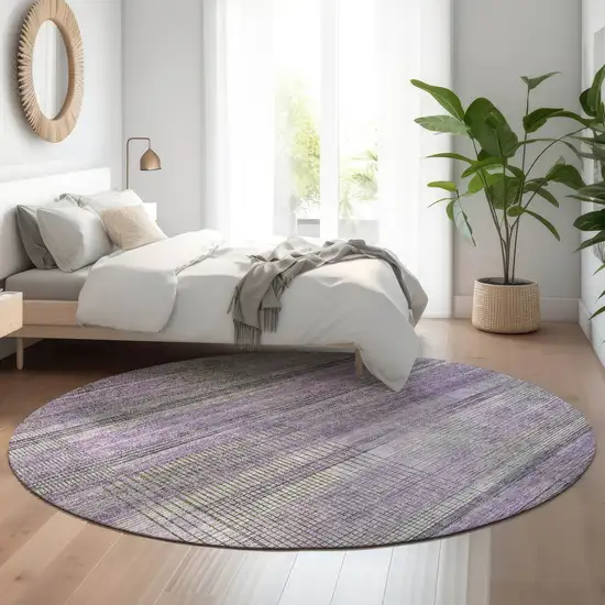 8' Purple And Gray Striped Washable Round Rug With UV Protection Photo 5
