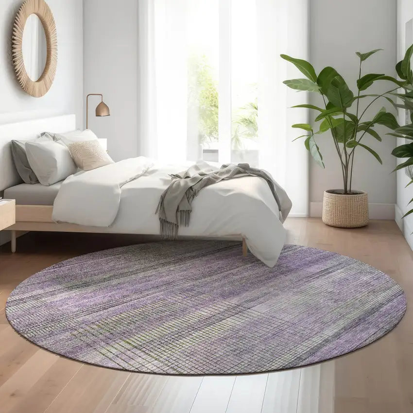 8' Purple And Gray Striped Washable Round Rug With UV Protection Photo 5