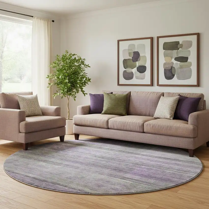 8' Purple And Gray Striped Washable Round Rug With UV Protection Photo 1