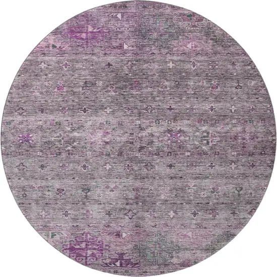 8' Purple And Gray Tribal Washable Round Rug With UV Protection Photo 3