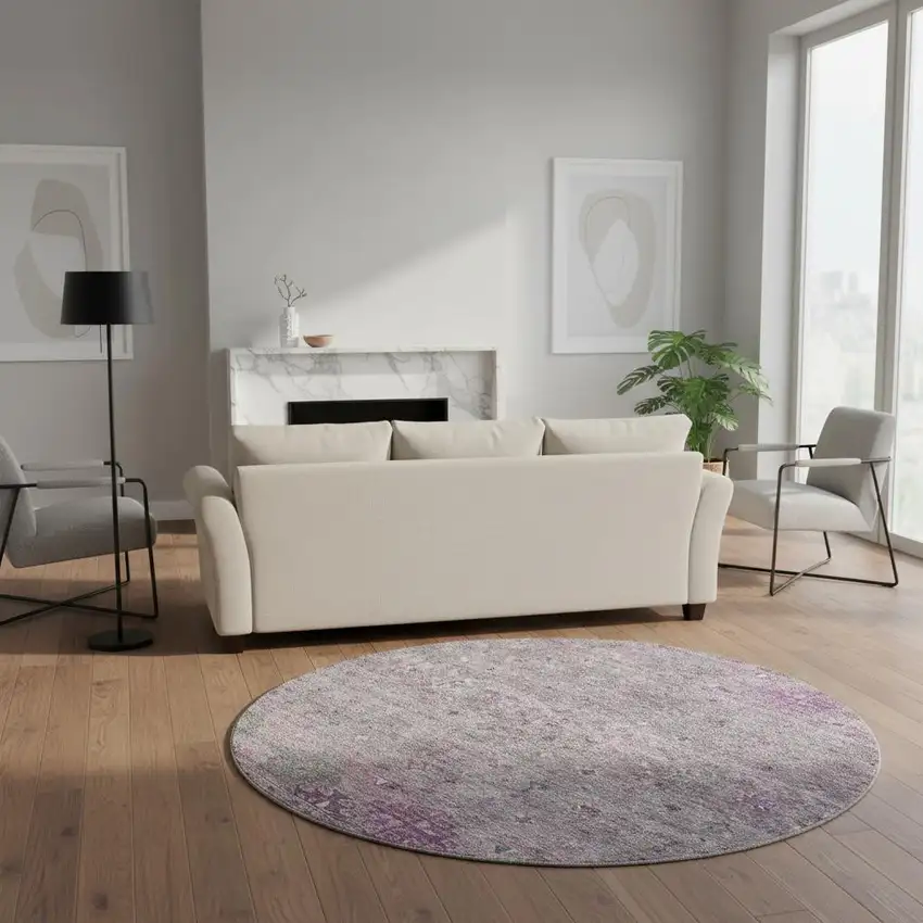 8' Purple And Gray Tribal Washable Round Rug With UV Protection Photo 2