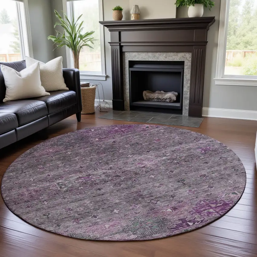 8' Purple And Gray Tribal Washable Round Rug With UV Protection Photo 4