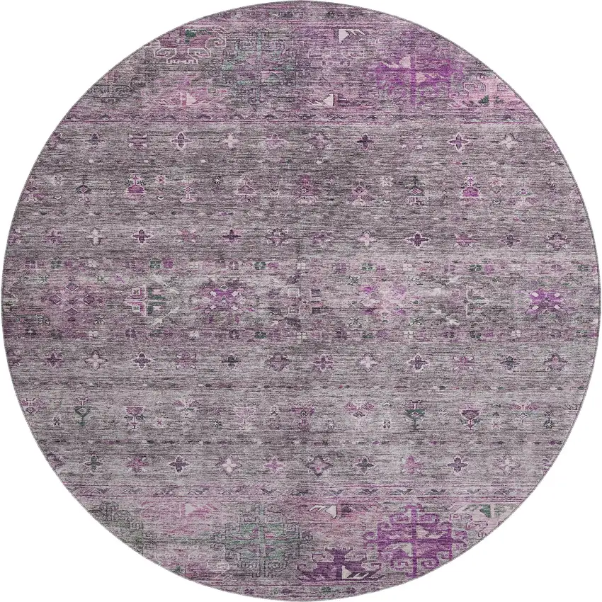 8' Purple And Gray Tribal Washable Round Rug With UV Protection Photo 1
