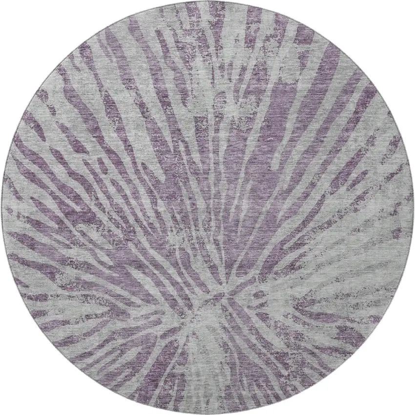 8' Purple And Gray Zebra Print Washable Round Rug With UV Protection Photo 3