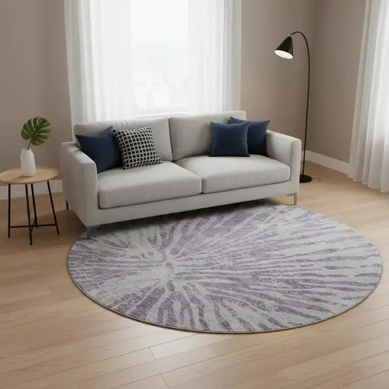 8' Purple And Gray Zebra Print Washable Round Rug With UV Protection Photo 2