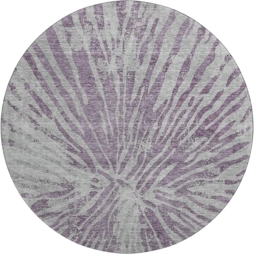 8' Purple And Gray Zebra Print Washable Round Rug With UV Protection Photo 1