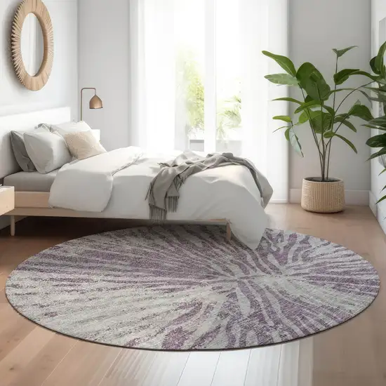 8' Purple And Gray Zebra Print Washable Round Rug With UV Protection Photo 4