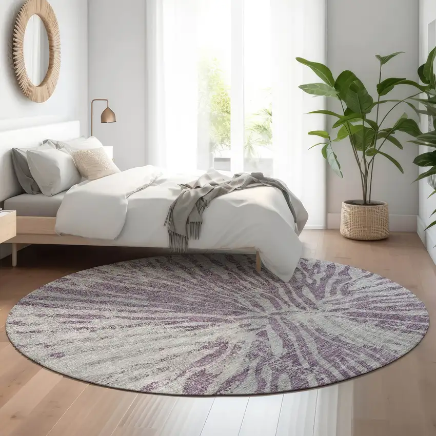 8' Purple And Gray Zebra Print Washable Round Rug With UV Protection Photo 4
