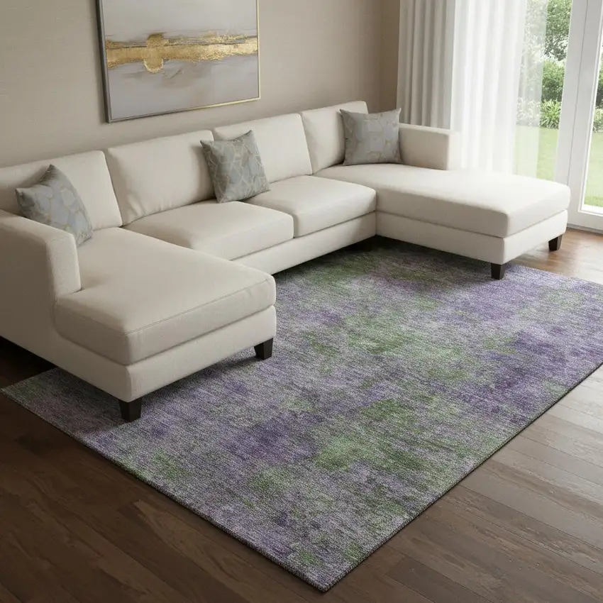8' Purple And Green Abstract Washable Area Rug With UV Protection Photo 2