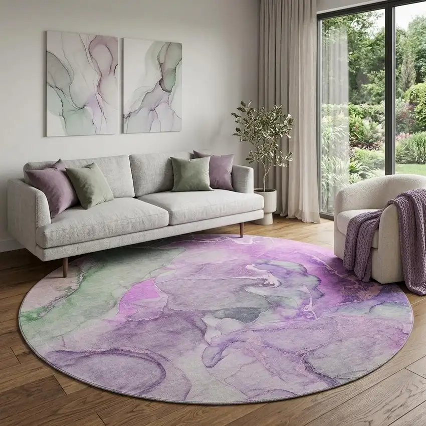 8' Purple And Green Abstract Washable Round Rug With UV Protection Photo 1
