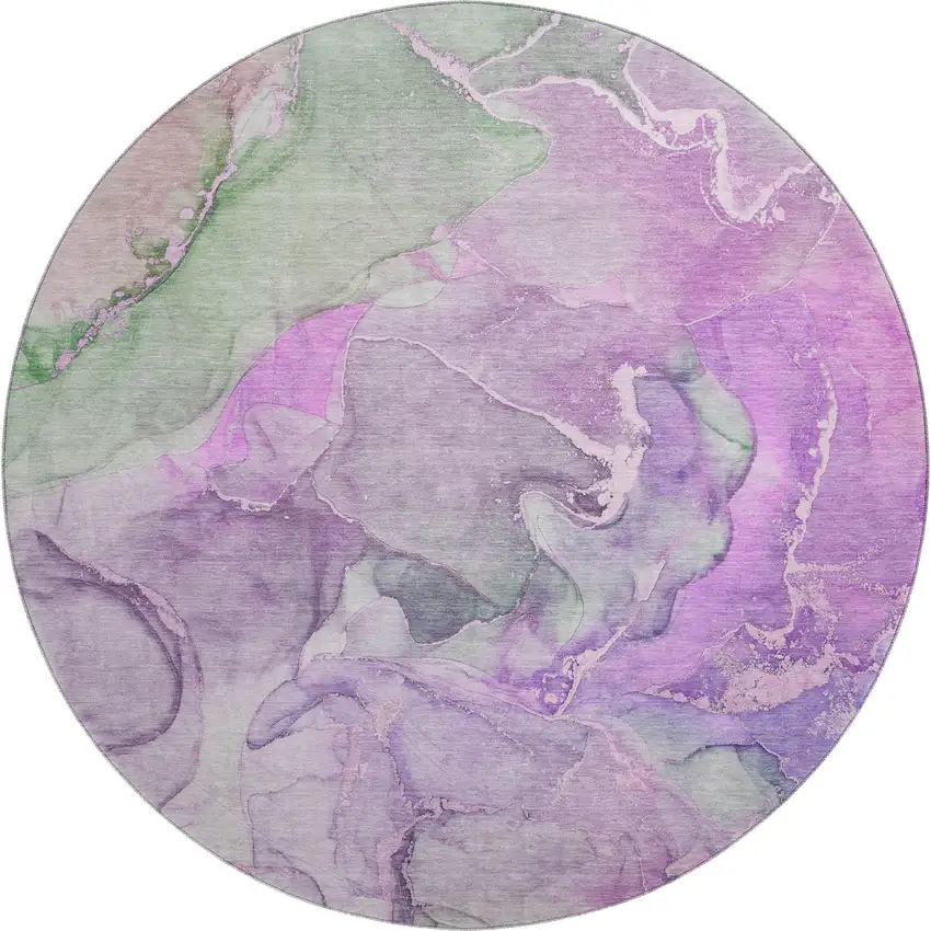 8' Purple And Green Abstract Washable Round Rug With UV Protection Photo 1