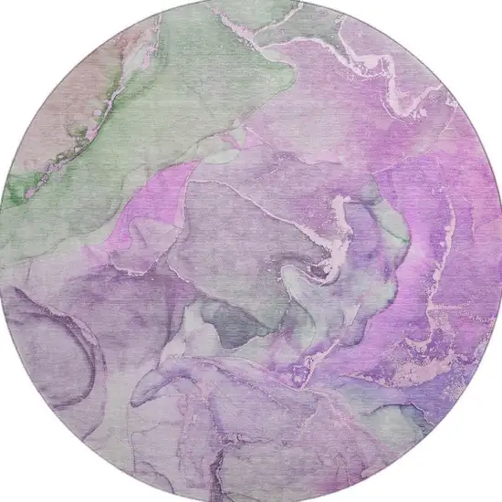 8' Purple And Green Abstract Washable Round Rug With UV Protection Photo 4