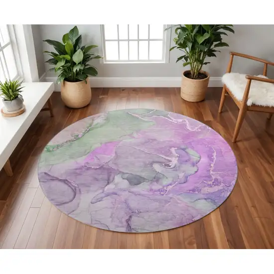 8' Purple And Green Abstract Washable Round Rug With UV Protection Photo 2