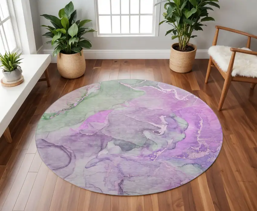 8' Purple And Green Abstract Washable Round Rug With UV Protection Photo 2