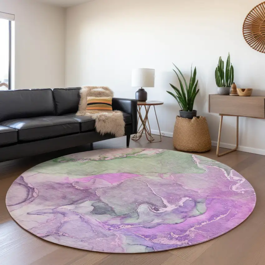 8' Purple And Green Abstract Washable Round Rug With UV Protection Photo 5
