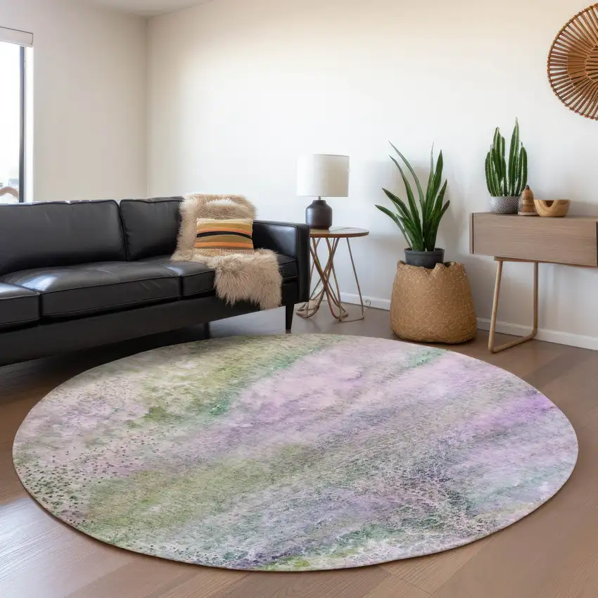 8' Purple And Green Abstract Washable Round Rug With UV Protection Photo 5