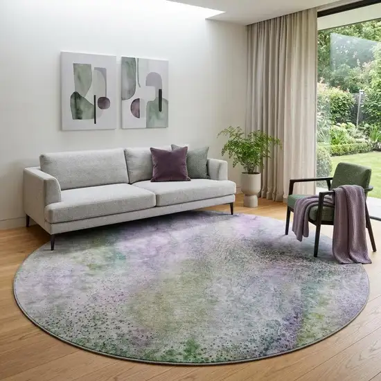 8' Purple And Green Abstract Washable Round Rug With UV Protection Photo 1