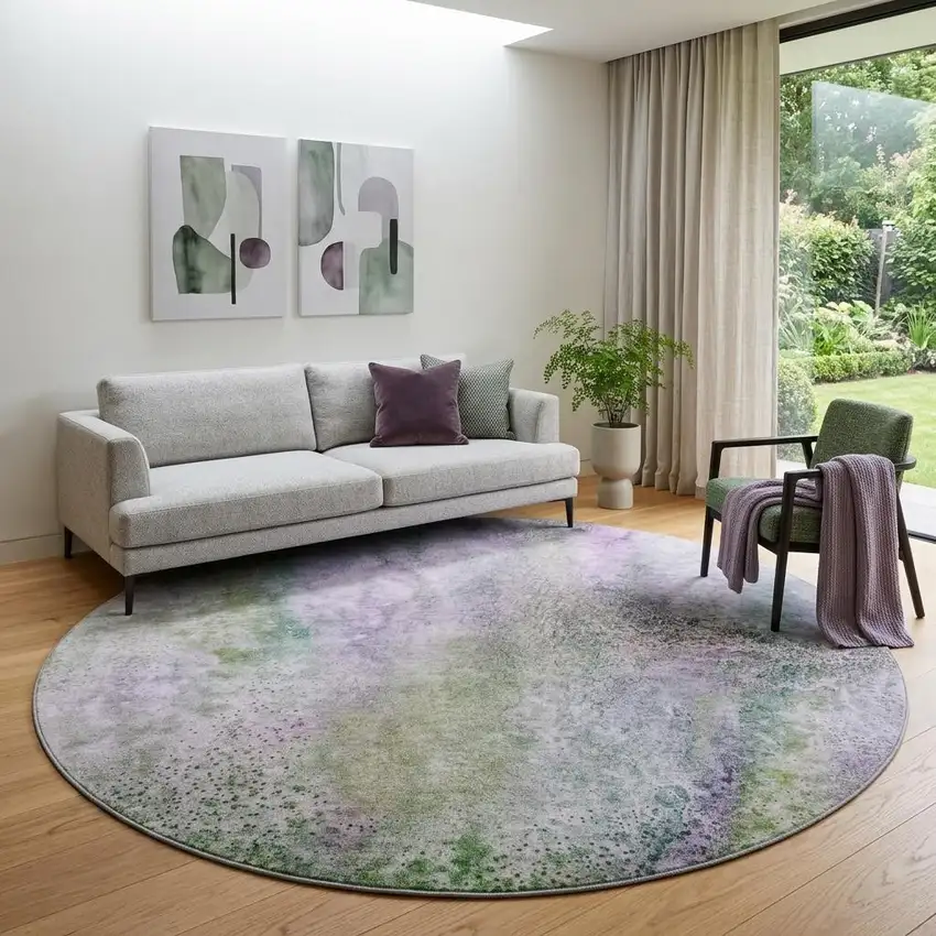 8' Purple And Green Abstract Washable Round Rug With UV Protection Photo 1