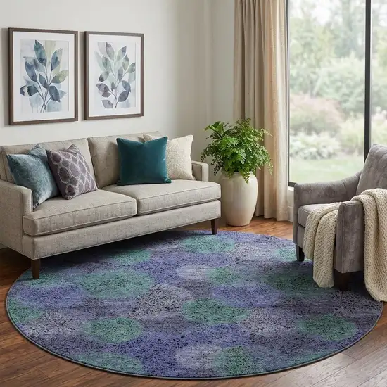 8' Purple And Green Abstract Washable Round Rug With UV Protection Photo 1