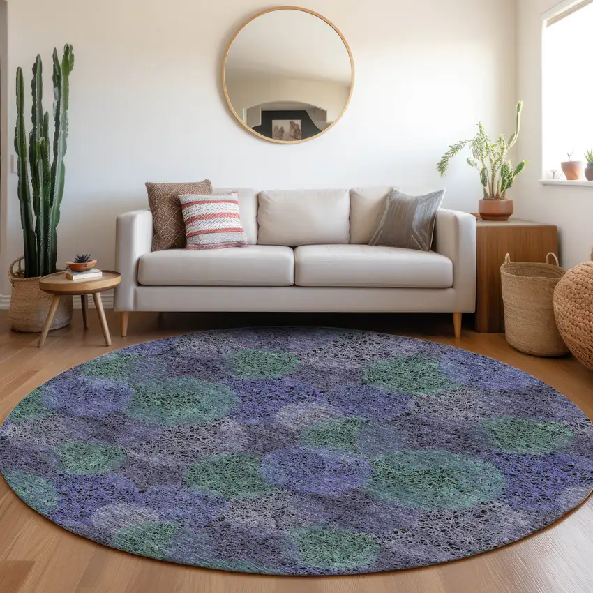 8' Purple And Green Abstract Washable Round Rug With UV Protection Photo 4