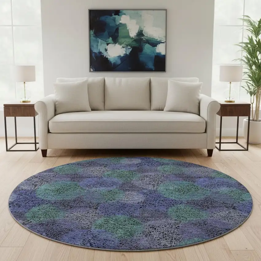 8' Purple And Green Abstract Washable Round Rug With UV Protection Photo 2