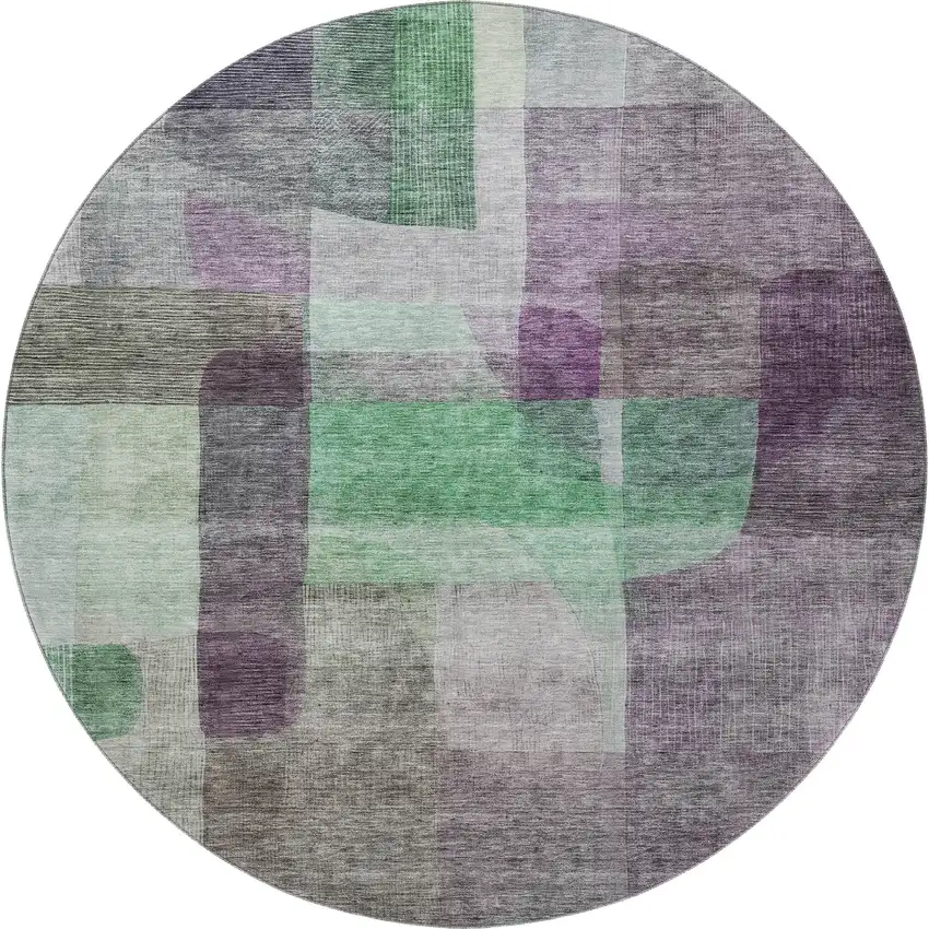 8' Purple And Green Abstract Washable Round Rug With UV Protection Photo 3