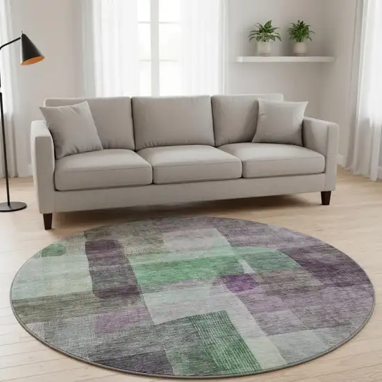 8' Purple And Green Abstract Washable Round Rug With UV Protection Photo 2