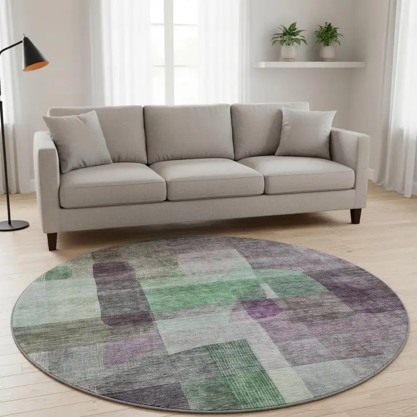 8' Purple And Green Abstract Washable Round Rug With UV Protection Photo 2