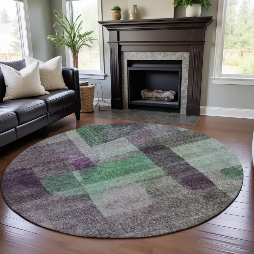 8' Purple And Green Abstract Washable Round Rug With UV Protection Photo 4