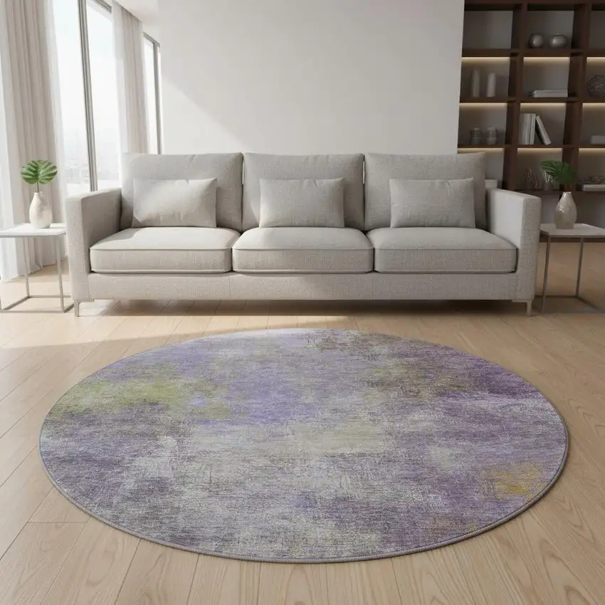 8' Purple And Green Abstract Washable Round Rug With UV Protection Photo 2