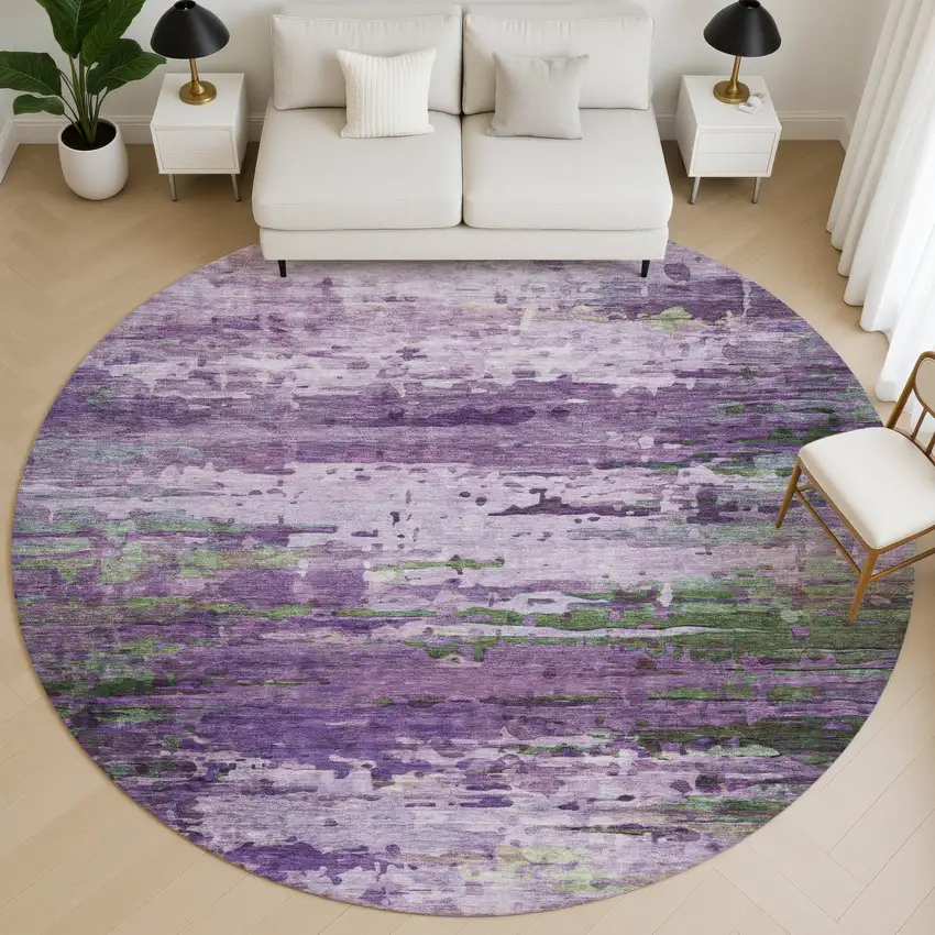 8' Purple And Green Abstract Washable Round Rug With UV Protection Photo 5