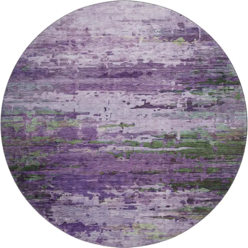 8' Purple And Green Abstract Washable Round Rug With UV Protection Photo 1