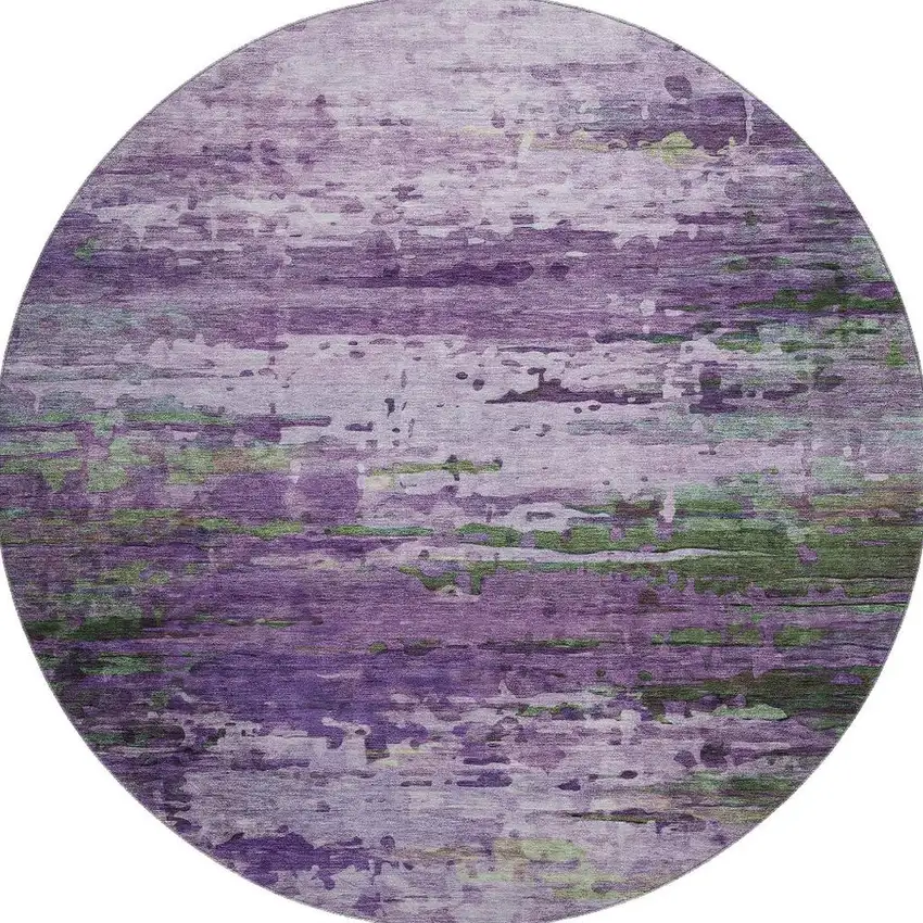 8' Purple And Green Abstract Washable Round Rug With UV Protection Photo 4
