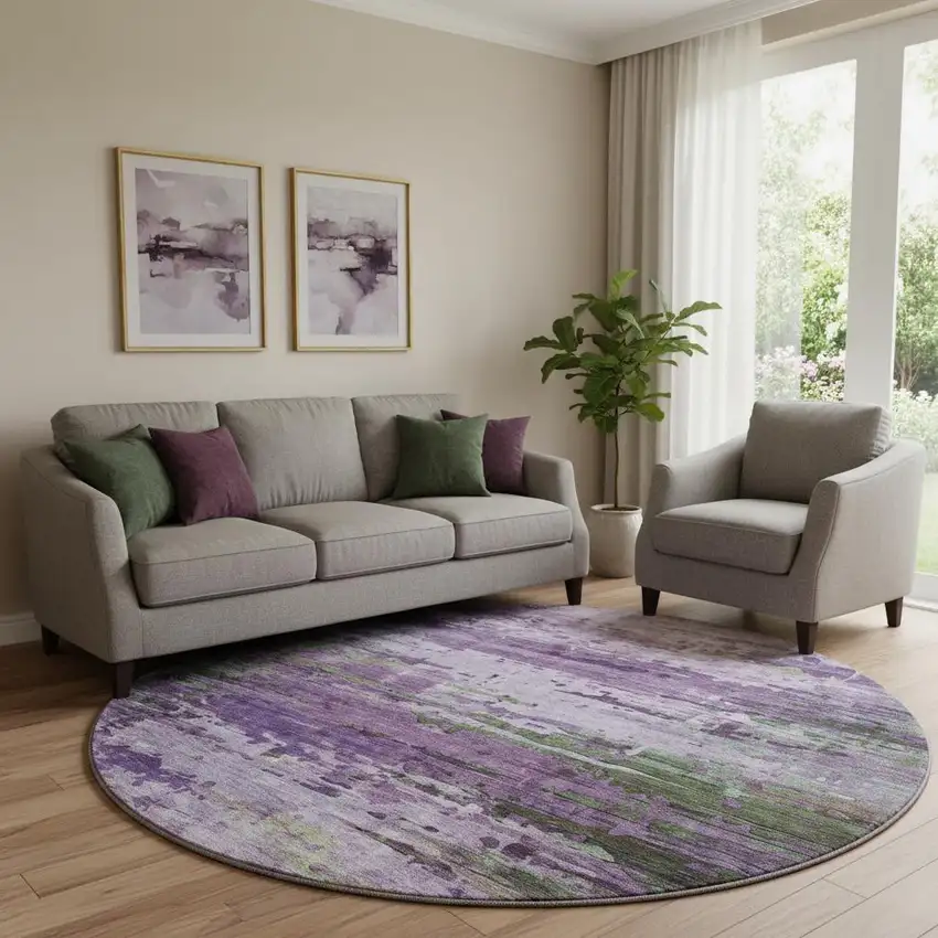 8' Purple And Green Abstract Washable Round Rug With UV Protection Photo 2