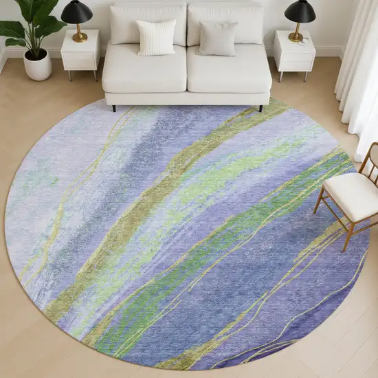 8' Purple And Green Abstract Washable Round Rug With UV Protection Photo 5